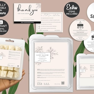 May include: Wax melt products with labels and packaging are displayed. The products include wax melts in a clear plastic bag, wax melt clamshells, and round labels. The labels feature the text "IVORY BLOOM" and "WARNING". Additional text includes "FULLY EDITABLE IN Canva" and "INSTANT DIGITAL DOWNLOAD".