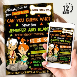 Flintstones Gender Reveal Invitation, Personalized Bam Bam Or Pebbles Invite, Her Or She?, Digital Download Printable Templates, Text, Evite