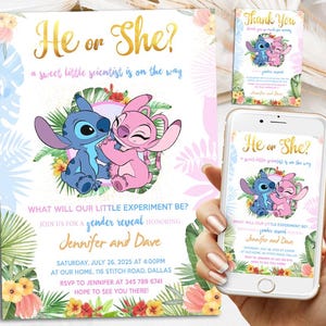 Stitch Gender Reveal Invitation, Personalized Stitch Or Angel Invite, Her Or She?, Digital Download Printable Templates, Evite, Text Invite