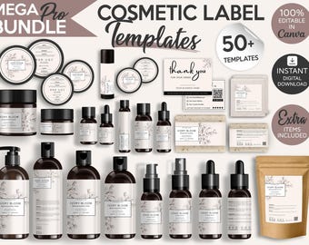 Cosmetic Label Templates Bundle for Canva, DIY Skincare and Body Product, Custom Beauty Sticker Design, Editable Bottle and Jar Labels, FWB1