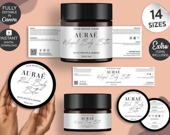 May include: A product mockup featuring jars of body butter with black lids and white labels. The labels read "Aurae Whipped Body Butter" and "White Orchid & Jasmine". One jar is 8 oz, and another is 2 oz. The image also includes digital download graphics.