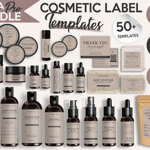 Könnte beinhalten: Eine Sammlung von Kosmetik-Label-Vorlagen mit verschiedenen Produktbehältern, darunter Flaschen, Gläser und Tuben. Die Etiketten sind in einer neutralen Farbpalette gehalten und tragen die Aufschrift "MEGA Pro BUNDLE" und "COSMETIC LABEL Templates".