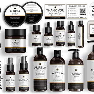 May include: A collection of cosmetic templates featuring various product labels and packaging designs. The products include body butter, essential oil, shower gel, shampoo, and conditioner. The labels are black and white with gold accents, and the text "AURELA" is prominently displayed.