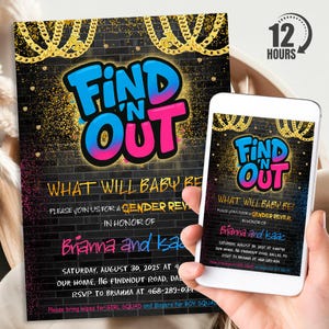 Find 'N Out Gender Reveal Invitation, Personalized Find Out Invite, Her Or She?, Digital Download Printable Template, Evite, Text Invite