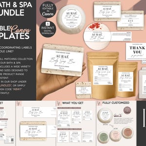 Puede incluir: Un conjunto de etiquetas y plantillas para productos de baño y spa. La imagen incluye barras de jabón, bombas de baño y embalajes con la marca "AURAE". El texto incluye "Bath & Spa Bundle" y "Editable Canva Templates".
