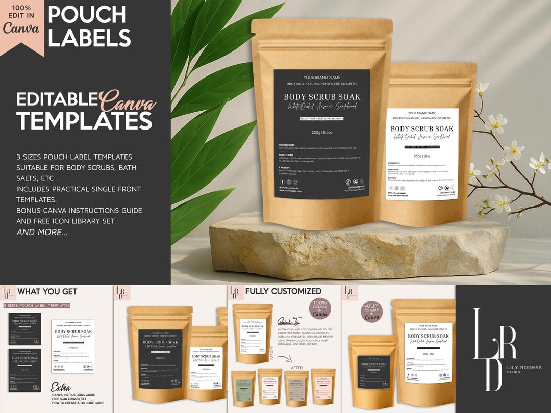 Pouch Label Templates for Canva, DIY Bath Salts Label, Custom Pouch ...