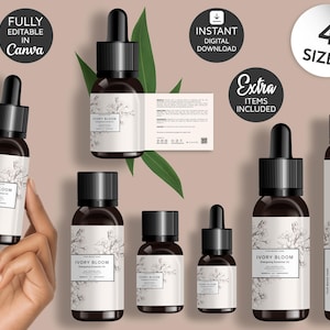 May include: An assortment of brown glass dropper bottles with black caps and white labels featuring the text "IVORY BLOOM". The labels have a floral design. The image also includes the text "FULLY EDITABLE IN Canva", "INSTANT DIGITAL DOWNLOAD", "Extra ITEMS INCLUDED", and "4 SIZES".