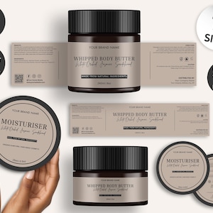 May include: Product mockup featuring jars of whipped body butter and moisturizer. The jars have black lids and beige labels with text. The labels read "Whipped Body Butter" and "Moisturiser". The image also includes labels with product information and the text "Made from Natural Ingredients".