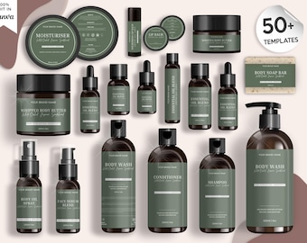 May include: A collection of cosmetic products in dark brown bottles and jars with green labels. Products include moisturizers, essential oils, body wash, shampoo, and lip balm. The text "50+ TEMPLATES" is visible.