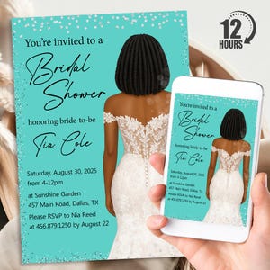 Bridal Shower Invitation, Personalized Bride To Be Invite, African American Bride Digital Download Printable Template, Evite, Text Invite