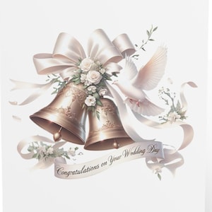 Congratulations on Your Wedding Day Elegant Greeting Card, Minimal Wedding Bells & Doves Card for Bride and Groom, Romantic Keepsake