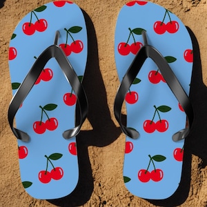 Red Cherries Flip Flops with Light Blue Sole, Cute Summer Fruit Sandals for Women, Fun Pattern Beach Slides, Cherry Print shoes for walking