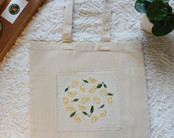 Hand Embroidered Lemon Tote Bag: Sustainable Cotton Canvas Market Bag