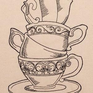 Flour Sack Dish Towels - Stacked Teacup Design on Premium Flour Sack Towel