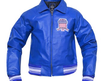 Blauw leren bomberjack voor heren: vintage Avireex-stijl, patch Amerikaanse vlag