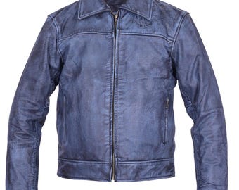 Chaqueta de motociclista de cuero genuino azul para hombre - Abrigo de moto hecho a mano