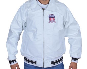 Chaqueta bomber de cuero blanco para hombre - Estilo universitario con parche Everex - Abrigo urbano de líneas puras