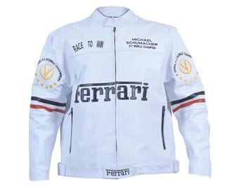 White Leather Racing Jacket: Embroidered Biker Motorsport Coat