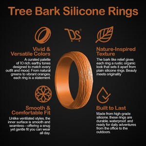 May include: An orange silicone ring with a tree bark texture. The ring is featured against a black background with text that reads "Tree Bark Silicone Rings". The text also highlights the ring's vivid colors, nature-inspired texture, and durable design.