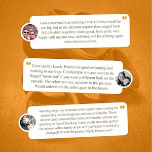 May include: Image features customer testimonials about silicone rings. The reviews are in white speech bubbles against an orange background. The rings are described as comfortable, great quality, and suitable for various activities.