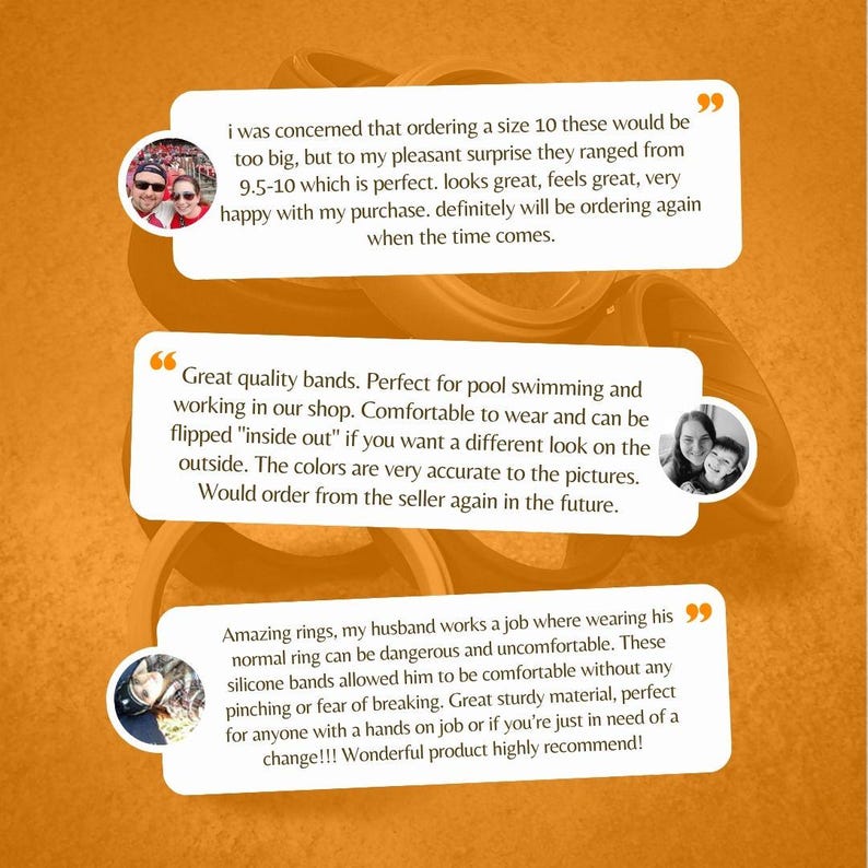 May include: Image features customer testimonials about silicone rings. The reviews are in white speech bubbles against an orange background. The rings are described as comfortable, great quality, and suitable for various activities.