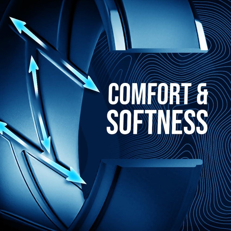 May include: A close-up of a tire with blue arrows pointing to the tread pattern. The text "COMFORT & SOFTNESS" is displayed in white against a blue background.