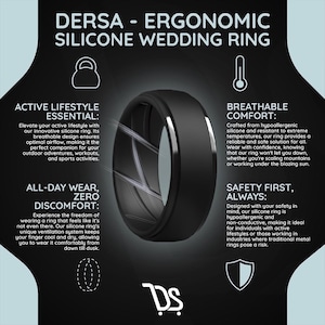 May include: Black silicone wedding ring with a silver band. The ring is designed for active lifestyles and features a breathable design for comfort. The text "DERSA - ERGONOMIC SILICONE WEDDING RING" is at the top of the image.