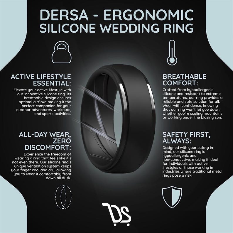 May include: Black silicone wedding ring with a silver band. The ring is designed for active lifestyles and features a breathable design for comfort. The text "DERSA - ERGONOMIC SILICONE WEDDING RING" is at the top of the image.