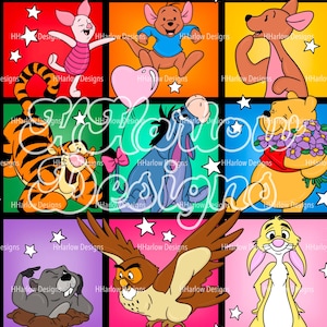 Könnte beinhalten: Eine farbenfrohe Pop-Art-Illustration mit Charakteren aus Winnie Puuh. Das Bild ist in Quadrate unterteilt, die Charaktere wie Ferkel, Kanga und Tiger enthalten. Jedes Quadrat hat eine andere Hintergrundfarbe und weiße Sterne.