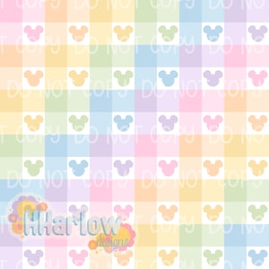 May include: A digital pattern featuring a repeating grid of pastel-colored squares in shades of pink, yellow, green, blue, and purple. Each square contains a small, solid white silhouette of a mouse head shape. The text HHarlow designs is visible.