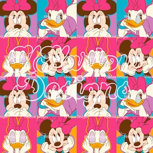 Puede incluir: Patrón repetitivo con Minnie Mouse y Daisy Duck. Minnie Mouse se representa con un lazo rosa y Daisy Duck con un lazo morado. El fondo tiene rayas verticales rosas, azules, amarillas y naranjas.