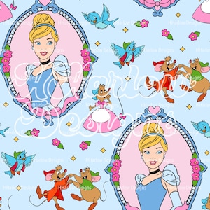 May include: A light blue seamless pattern featuring Cinderella, mice, and birds. Cinderella is framed in a pink oval with a blue border. The pattern includes pink flowers and the text "HHarlow Designs".