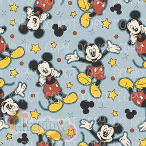 May include: A repeating pattern featuring Mickey Mouse in various poses. Mickey is in his classic red shorts, yellow shoes, and white gloves, set against a light blue background with yellow stars, black Mickey Mouse silhouettes, and red dots.