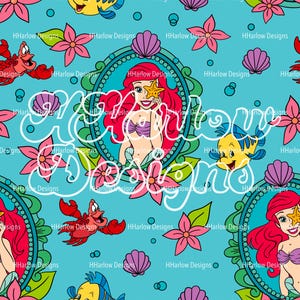 May include: A teal blue background with a repeating pattern of a mermaid, a crab, a fish, flowers, and seashells. The mermaid is in a circle frame with a pearl border. The text "HHarlow Designs" is repeated throughout the pattern.