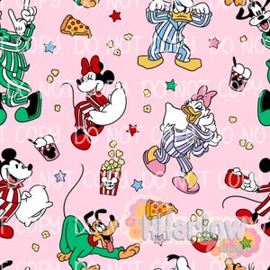 May include: A pink seamless pattern featuring Disney characters in pajamas, including Mickey and Minnie Mouse, Donald Duck, and Daisy Duck. The design includes popcorn, pizza slices, and stars.