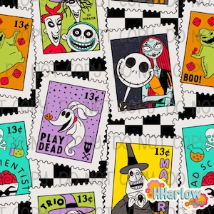 Może przedstawiać: Powtarzający się wzór znaczków pocztowych z postaciami z filmu "Miasteczko Halloween". Znaczki mają czarno-białe szachownicowe tło. Każdy znaczek ma wartość 13 centów i różne ilustracje postaci.
