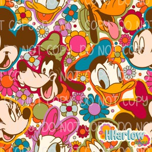 May include: A vibrant, retro pattern featuring cartoon characters such as Mickey Mouse, Donald Duck, and Goofy, set against a backdrop of colourful flowers in pink, orange, and blue. The design has a vintage aesthetic with a cream-coloured background.