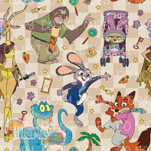 May include: A repeating pattern featuring cartoon characters from the film Zootropolis. The design includes Judy Hopps, Nick Wilde, Flash, and other characters, along with paw prints, carrots, and stars on a tan checkered background.