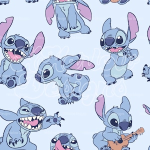 May include: A seamless pattern featuring multiple blue Stitch characters from the Disney movie Lilo & Stitch. The characters are in various poses, including playing a ukulele, sticking out their tongues, and smiling. The background is a light blue colour.