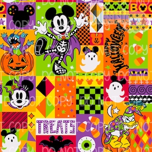 May include: A vibrant Halloween fabric design with Disney characters including Mickey Mouse, Minnie Mouse, and Donald Duck. The pattern incorporates pumpkins, ghosts, and the words "Happy Halloween" and "Treats".