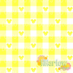 May include: A repeating pattern of yellow and white gingham squares with white Mickey Mouse head silhouettes. The design includes the text "DO NOT COPY" in a faded font across the image. The lower right corner features the text "HHHarlow designs".