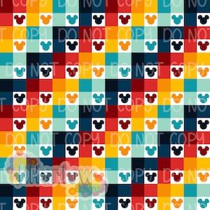 May include: A colorful plaid pattern featuring Mickey Mouse silhouettes in red, orange, teal, and black. The design is set against a backdrop of squares in various colors, including yellow, blue, and red. The words "DO NOT COPY" are repeated throughout the design.