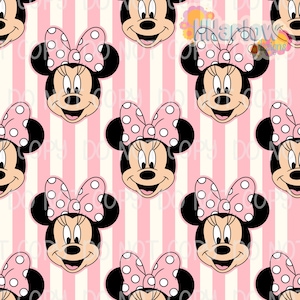 Puede incluir: Patrón repetitivo con la cara de Minnie Mouse con un lazo rosa de lunares. El fondo tiene rayas verticales alternas rosas y blanquecinas. El personaje de dibujos animados tiene orejas negras, una cara sonriente y un lazo rosa.