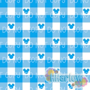 May include: A blue and white gingham pattern with repeating blue Mickey Mouse head silhouettes. The words "DO NOT COPY" are printed in white across the image. The design is suitable for fabric or wallpaper.