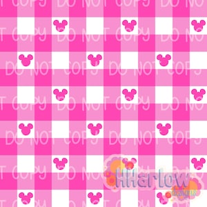 May include: A pink and white checkered pattern with repeating pink Mickey Mouse head silhouettes. The words "DO NOT COPY" are repeated throughout the design. The design also includes the text "lillerlow designs".