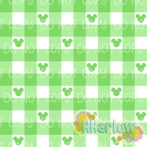 May include: A seamless pattern featuring a green and white gingham design with light green Mickey Mouse head silhouettes. The words "DO NOT COPY" are repeated throughout the background. The design includes the text "HHarlow designs".