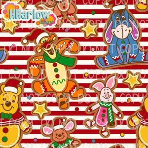 May include: A repeating pattern featuring gingerbread-style characters, including Winnie the Pooh, Tigger, Eeyore, and Piglet, on a red and white striped background. The characters are decorated with festive details, such as Santa hats and scarves.