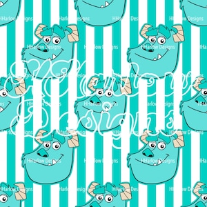 May include: A repeating pattern featuring cartoon monsters in light blue with beige horns and teeth, set against a backdrop of vertical teal and white stripes. The text "HHarlow Designs" is visible.