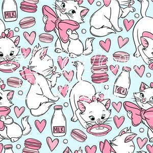 May include: A seamless pattern featuring a white cat with pink bows, hearts, and macarons on a light blue background. The pattern also includes milk bottles with the word "MILK" printed on them.