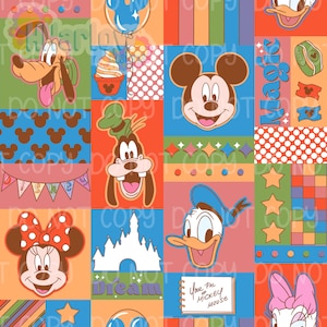 May include: A colorful patchwork design featuring Disney characters like Mickey Mouse, Minnie Mouse, Goofy, and Donald Duck. The design includes a castle, stars, and the text "Dream" and "Your pal Mickey Mouse". The background is a mix of squares and stripes.